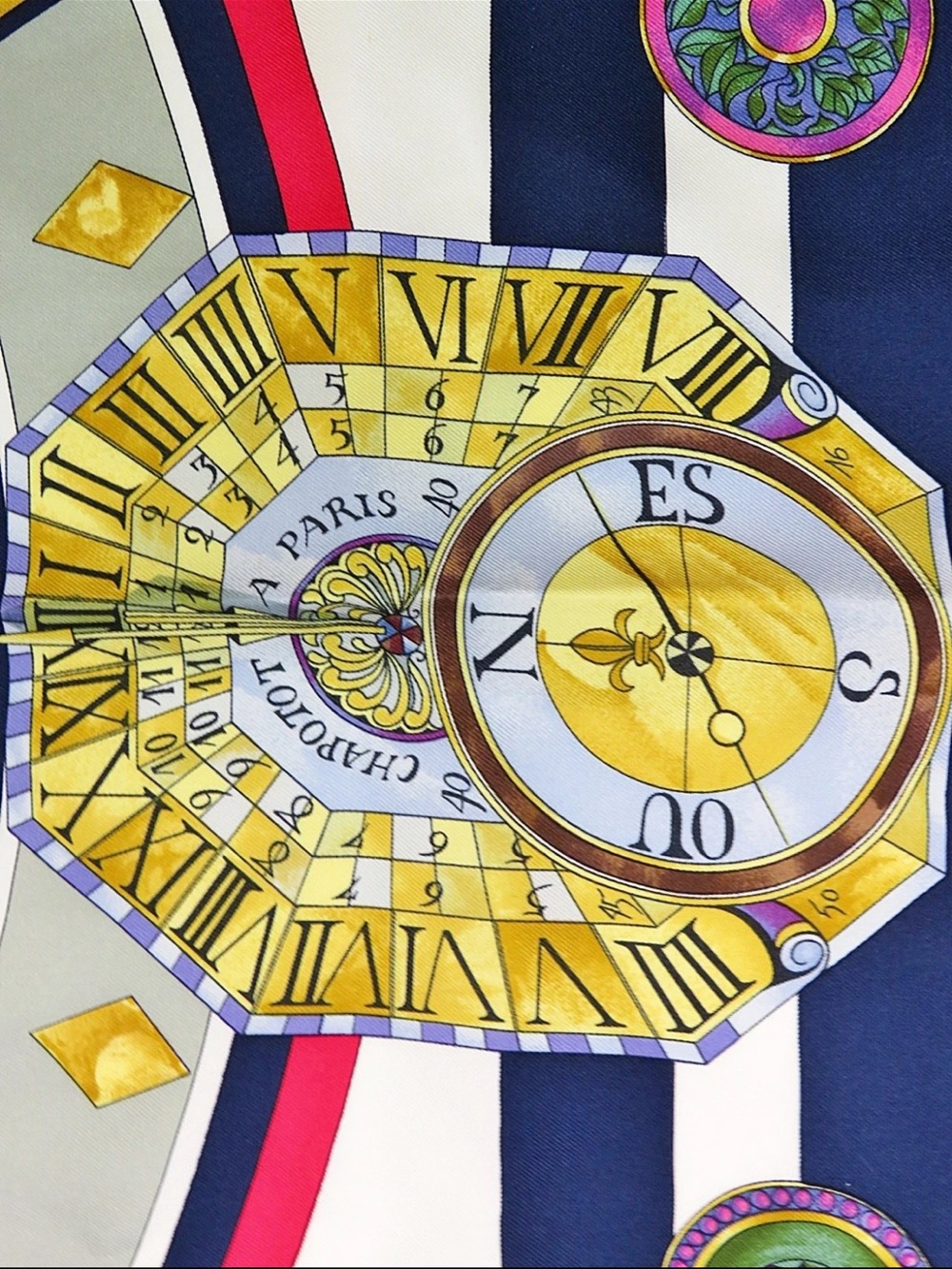 Hermès Navy, Red, Pink & Gold Clock Motif Silk Scarf - Picture 9 of 13